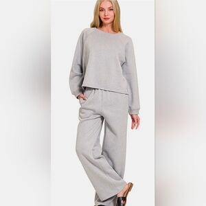 NWT Zenana 2 Piece Long Sleeve  Top And Long Bottom Grey Outfit Sz L